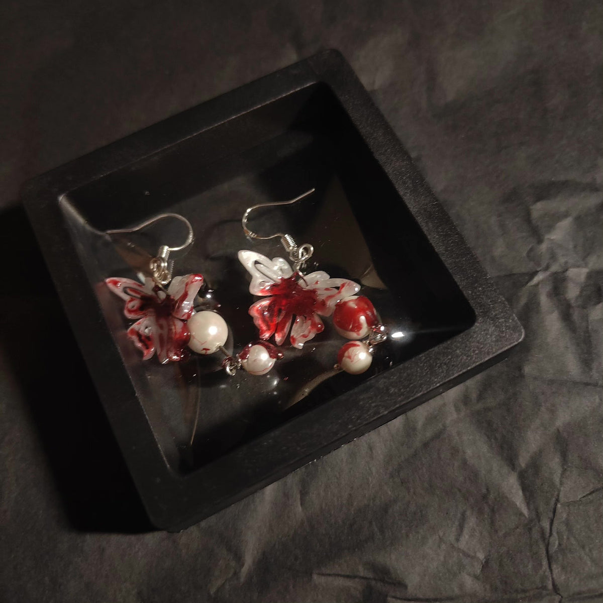 Gothic Blood Splatter Butterfly Pearl Earrings
