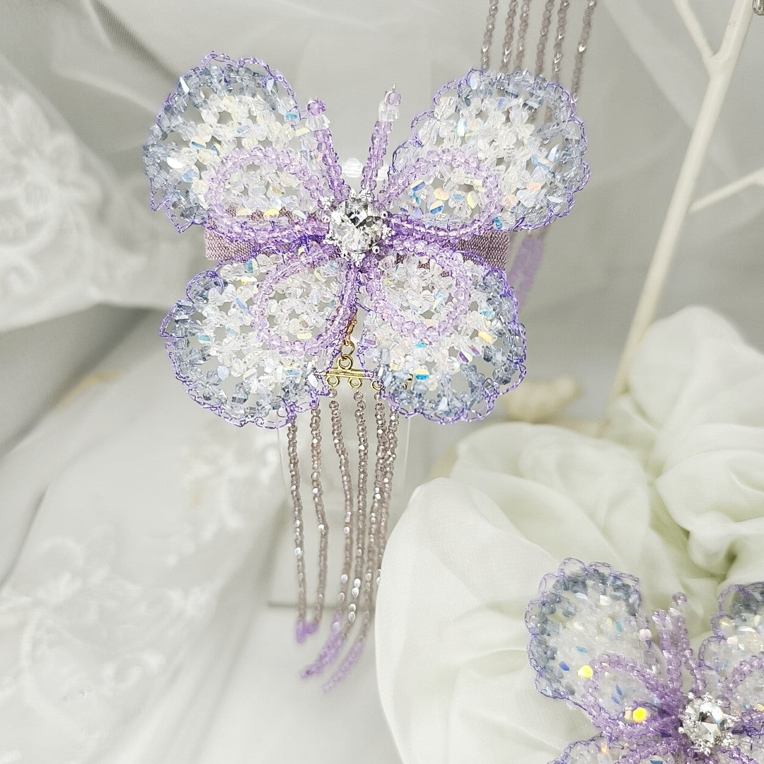 Purple Crystal Butterfly Hair Clip Beaded Tassel