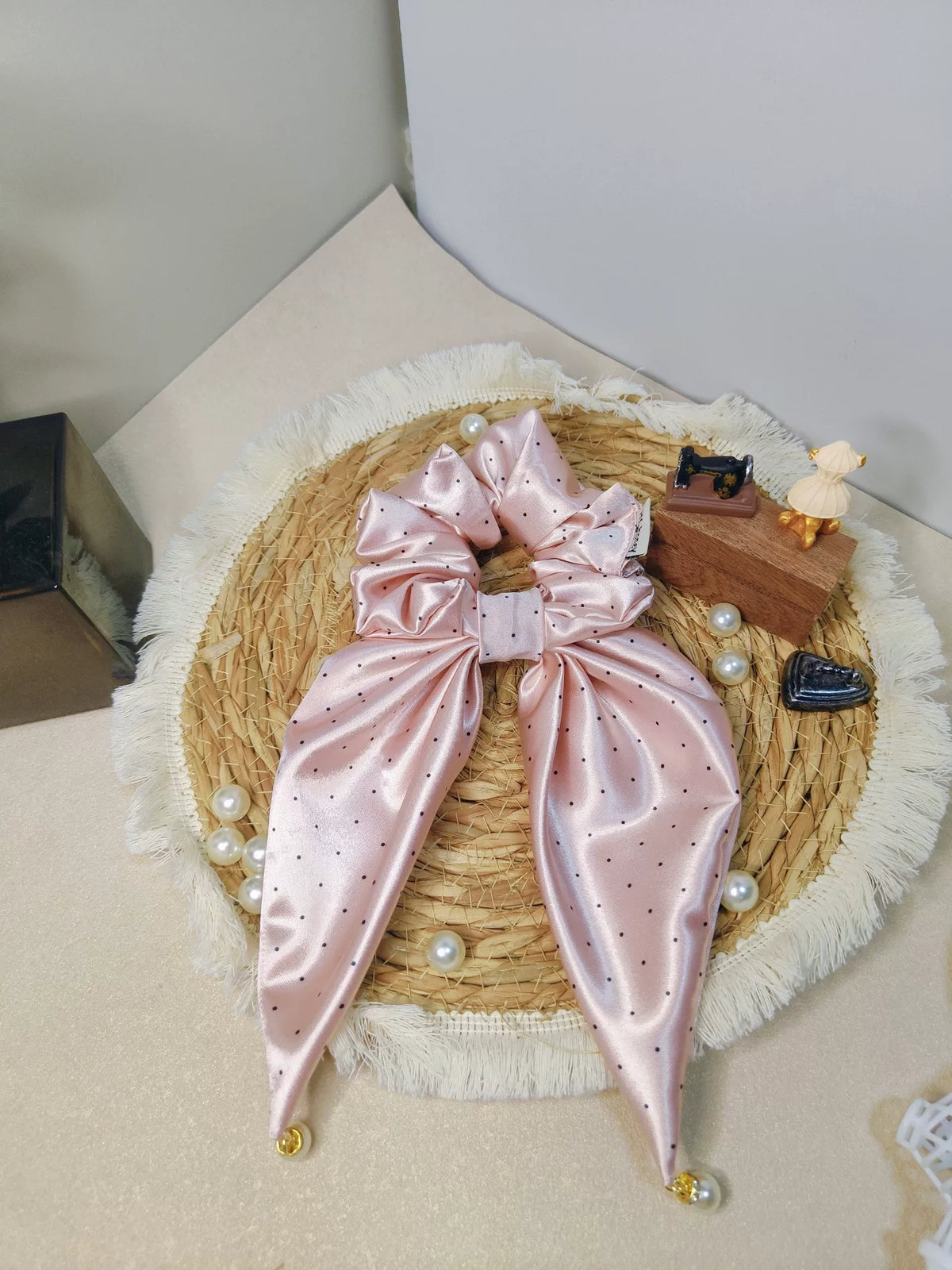 Peach Pink Polka Dot Satin Bow Scrunchie