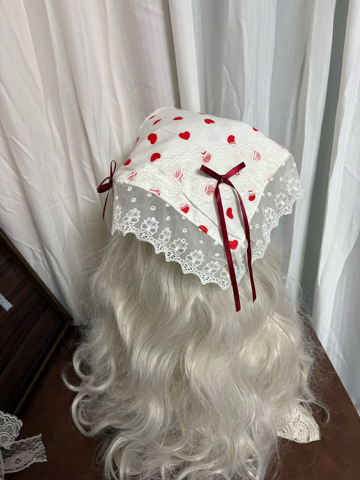 Reversible Cherry Print Lace Trim Headscarf