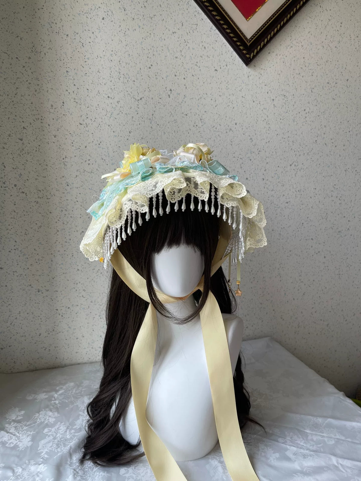 Platt mössa i gulgrön spets (Lolita-stil)