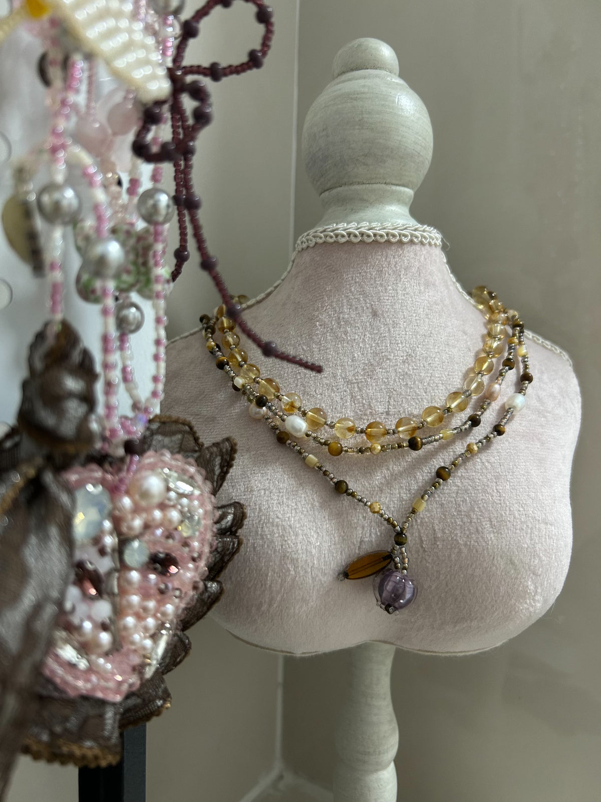 Multi-Strand Beaded Necklace Amber Gemstone
