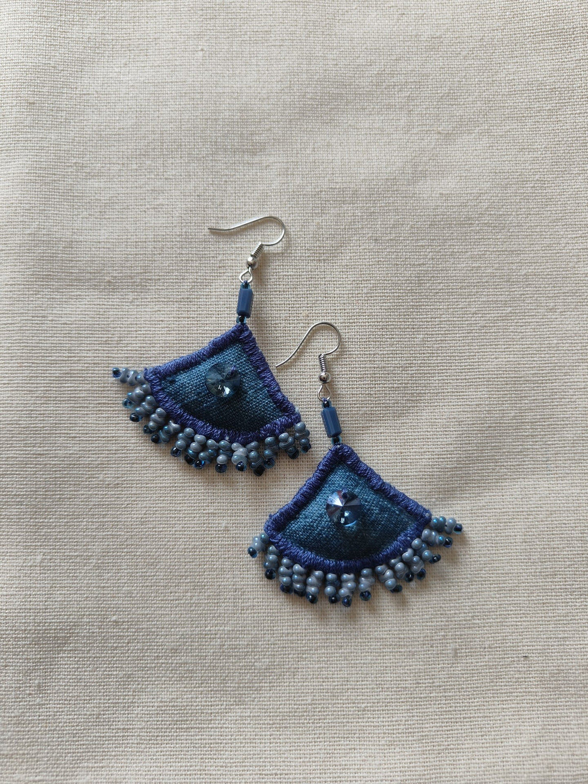 Handmade Fabric Earrings Blue Beaded