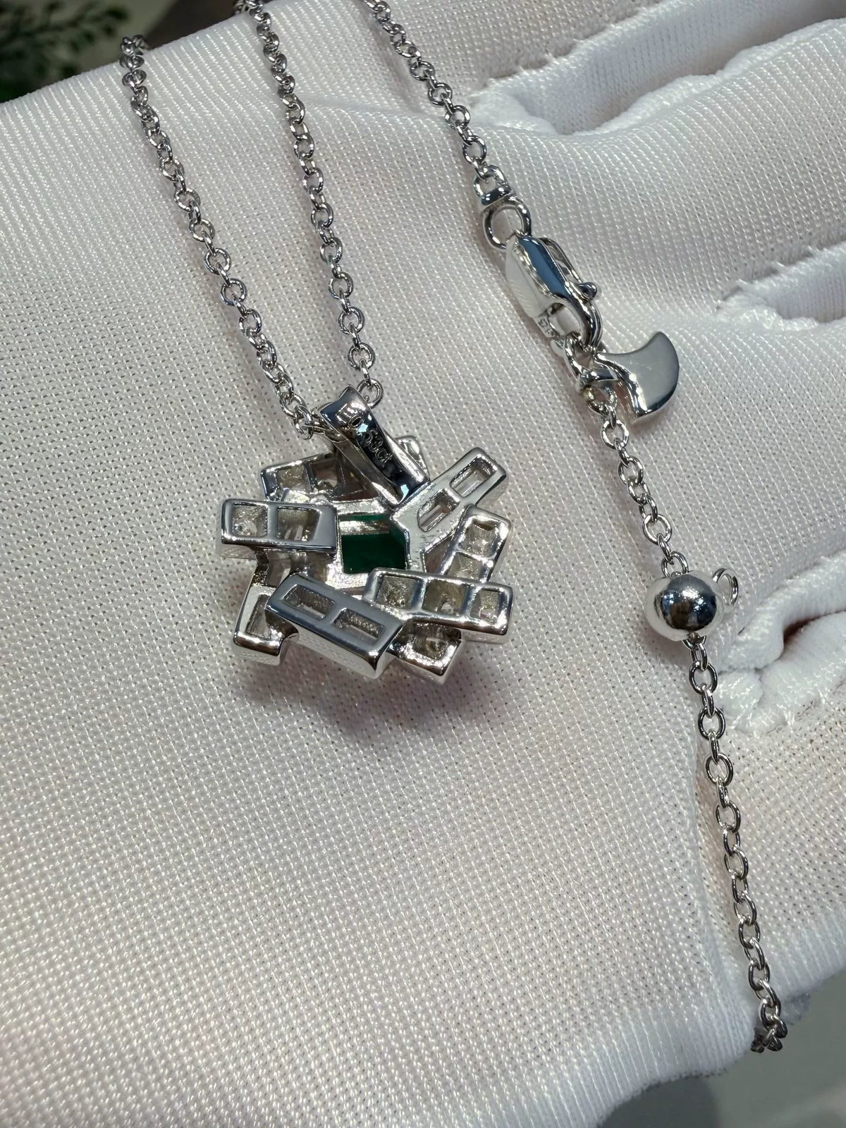 Geometric Green Stone Necklace Rhodium Plated