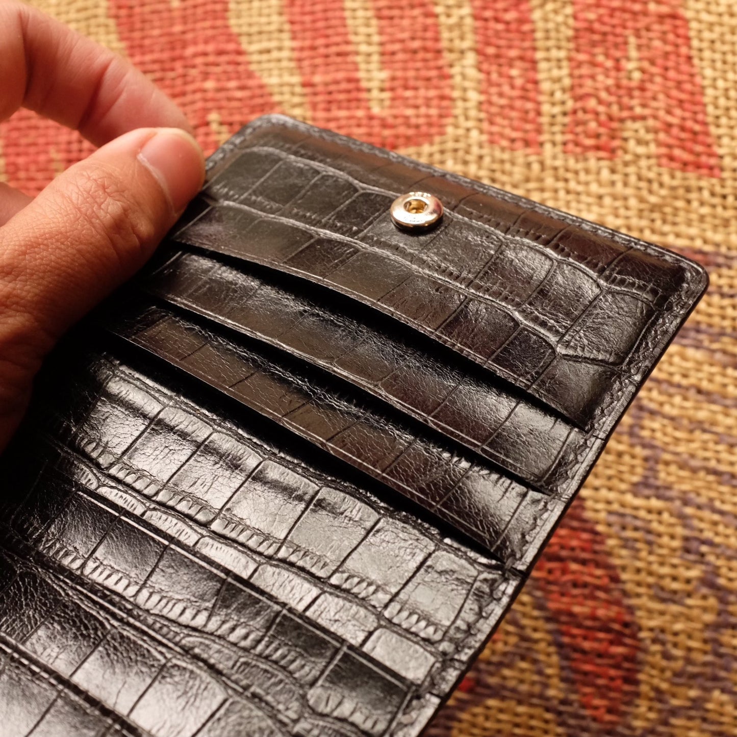 Black Leather Embossed Crocodile Bi-Fold Wallet