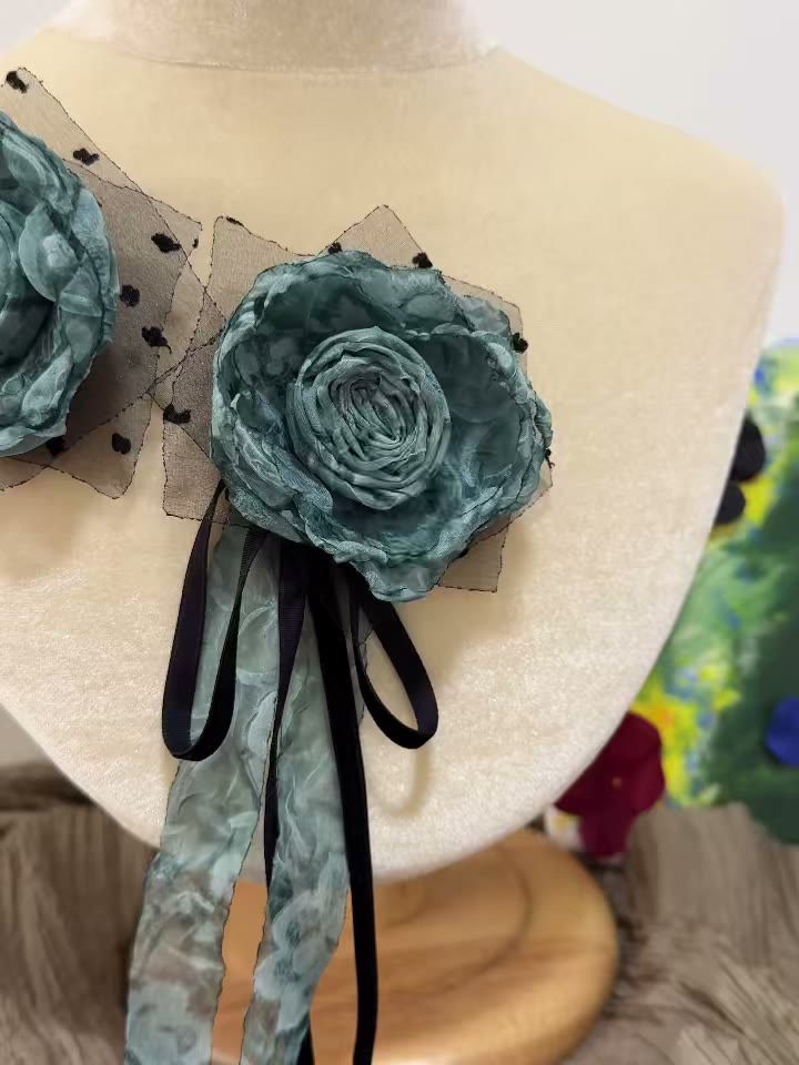 Handmade Fabric Rose Brooch Teal Tulle