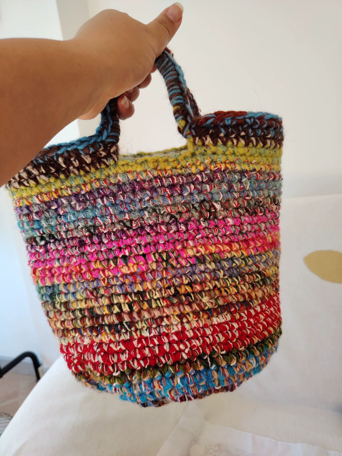 Hand Crocheted Bucket Bag Multicolor Marled Yarn