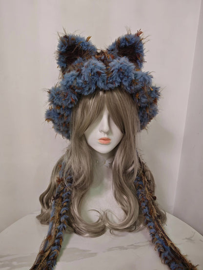 Brown-Blue Fox Hat with Ear Flaps