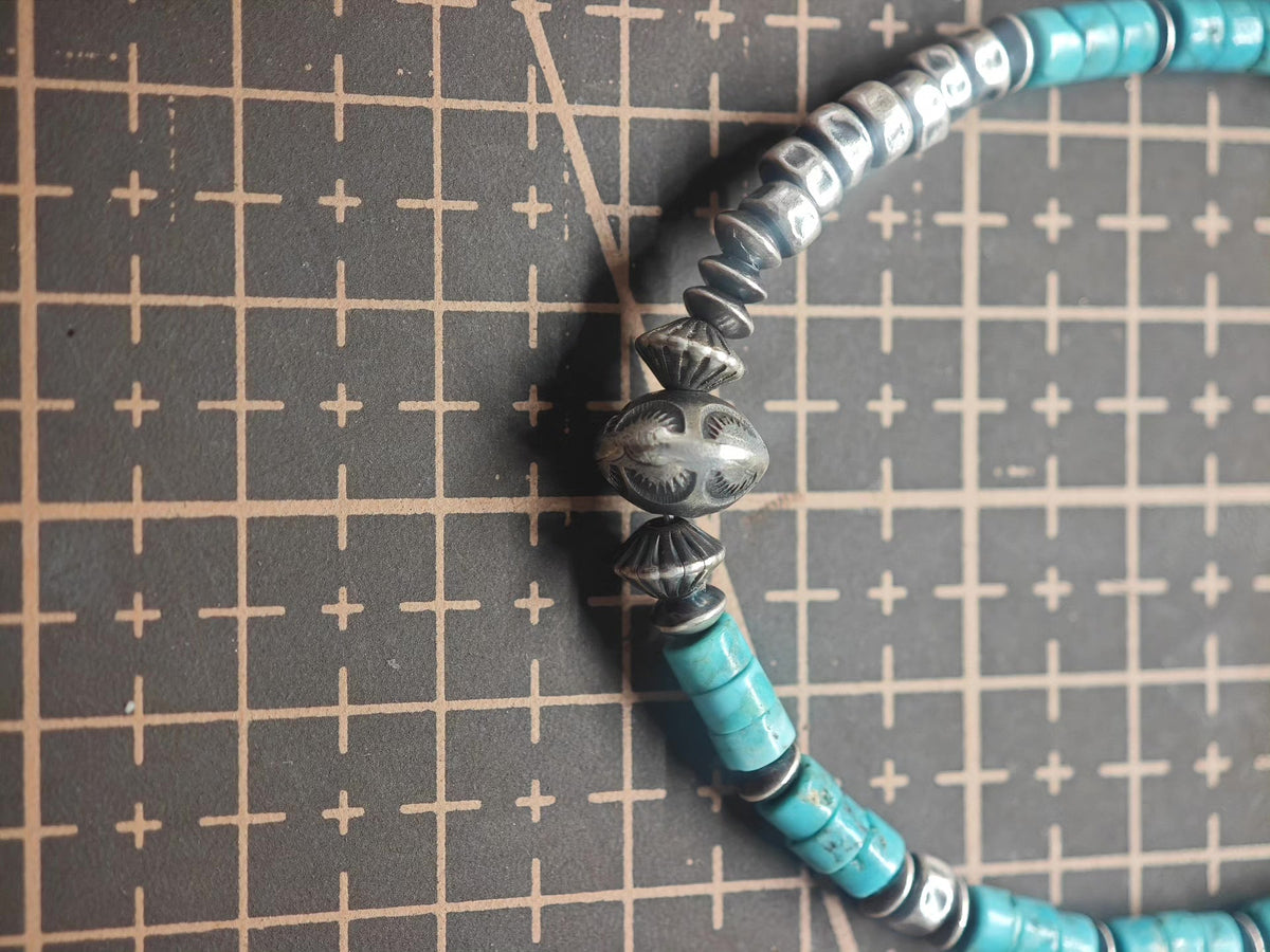 Handmade 925 Silver Navajo Turquoise Bead Bracelet