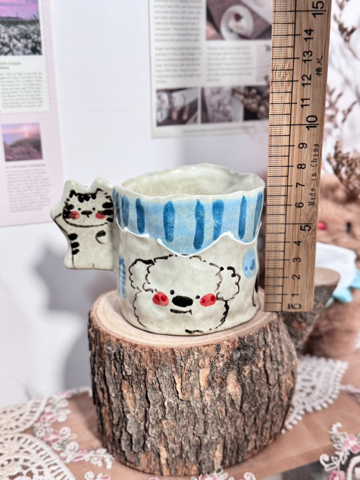 Handcrafted Ceramic Coffee Cup with Cat Handle