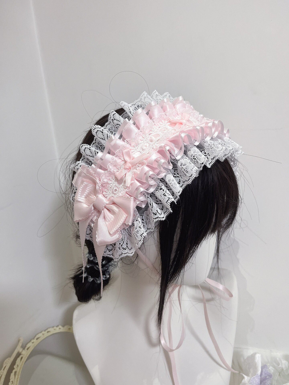 Pink Lace Lolita Headband with Satin Bows