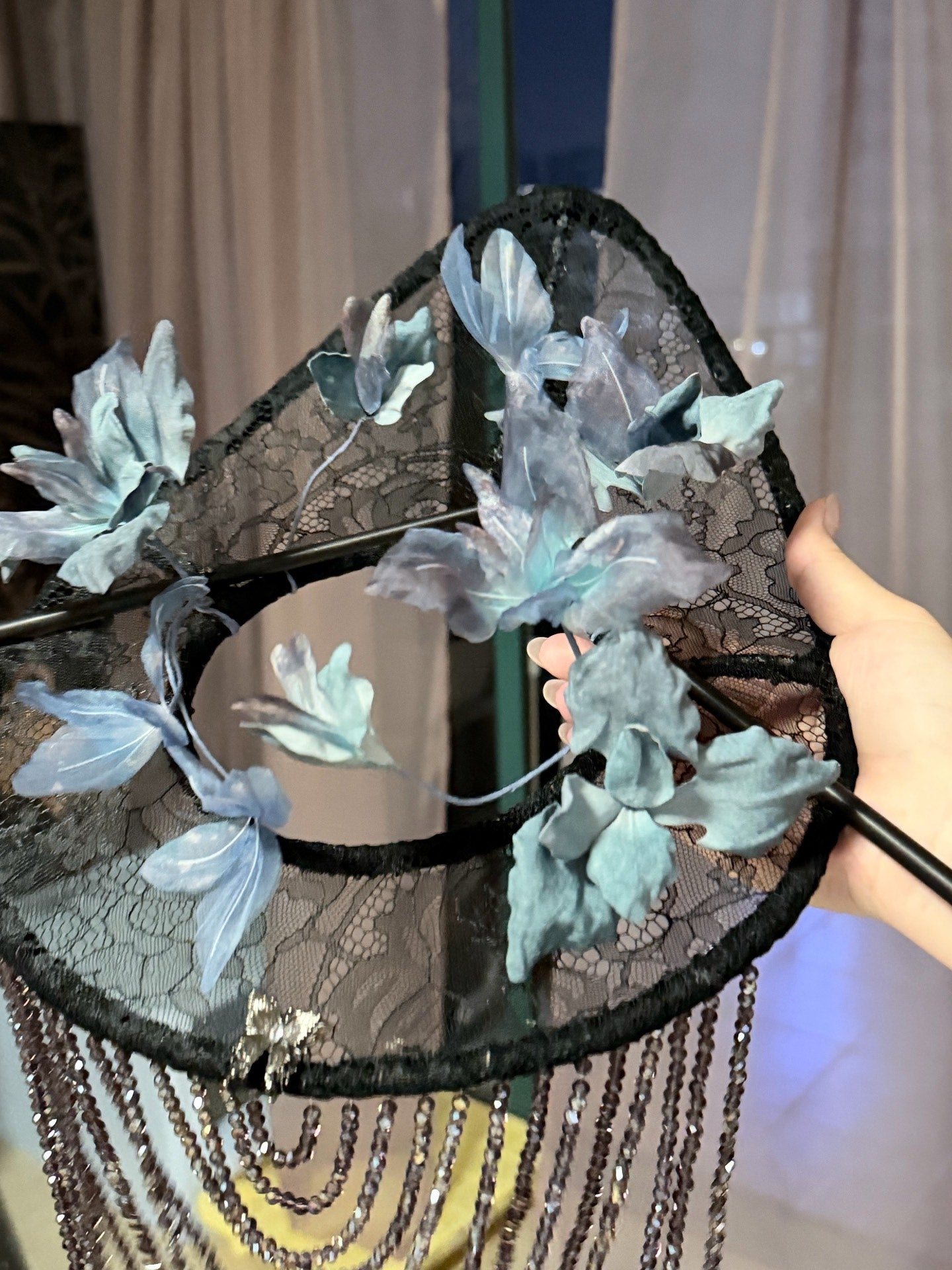 Custom Black Lace Veil Hat with Silk Flowers, Beaded Fringe, and Metallic Bee Ornament
