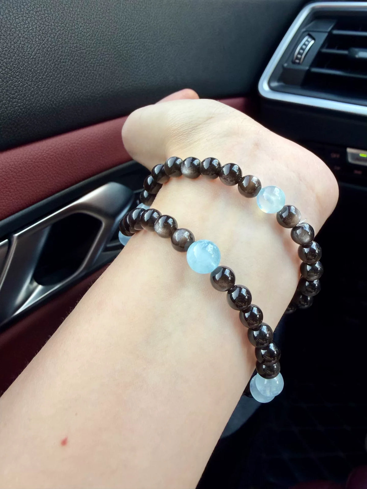 Obsidian Aquamarine Double Wrap Beaded Bracelet