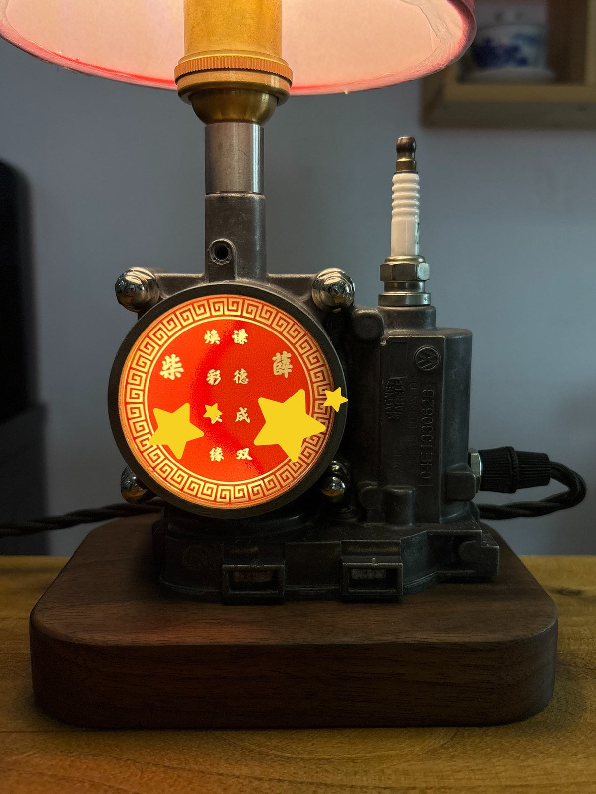 Industrial Table Lamp with Red Fabric Shade