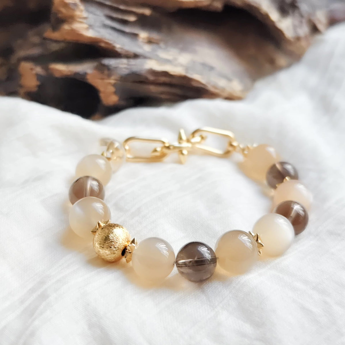 Milk Moonstone Smoky Quartz Bracelet 11mm