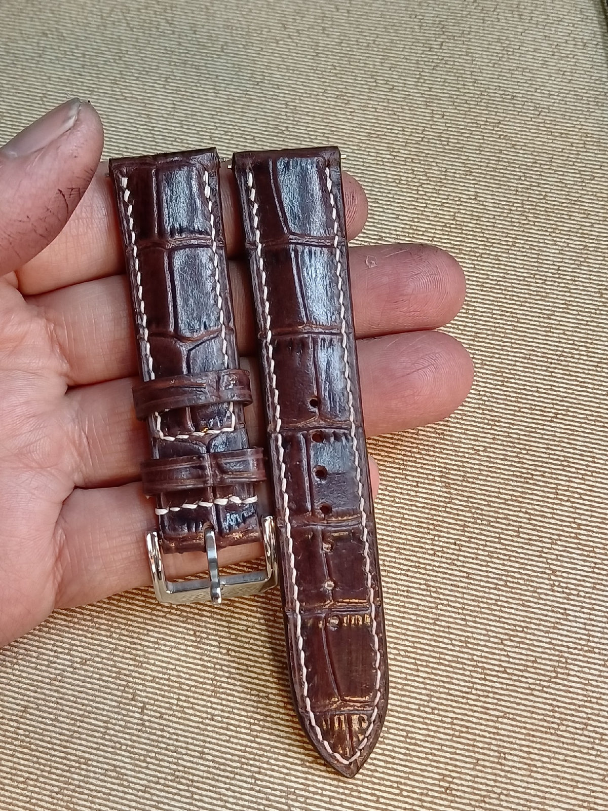 Cowhide Leather Watch Strap Deep Brown Crocodile Texture