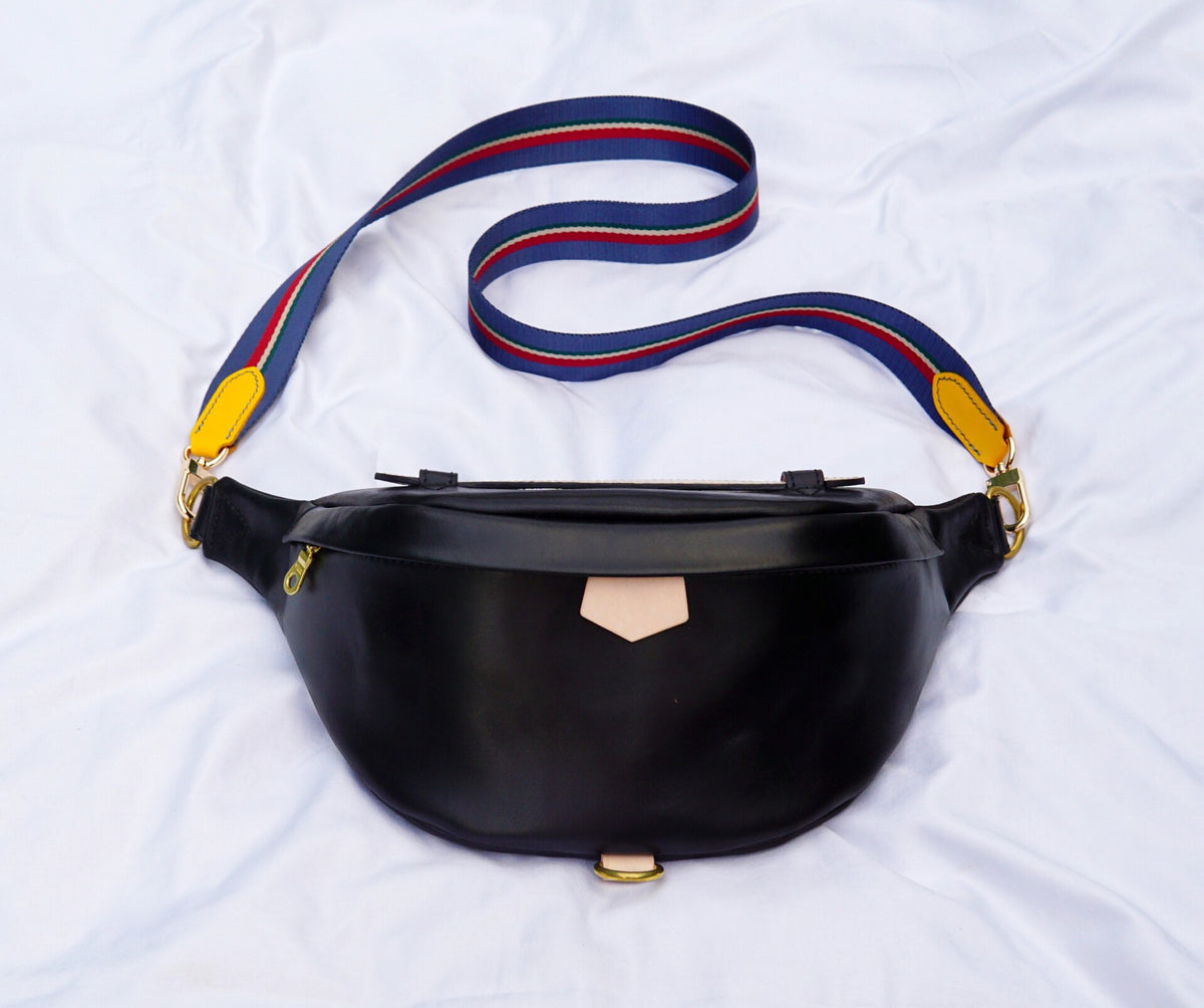 Handcrafted Black Leather Waist Chest Crossbody Bag