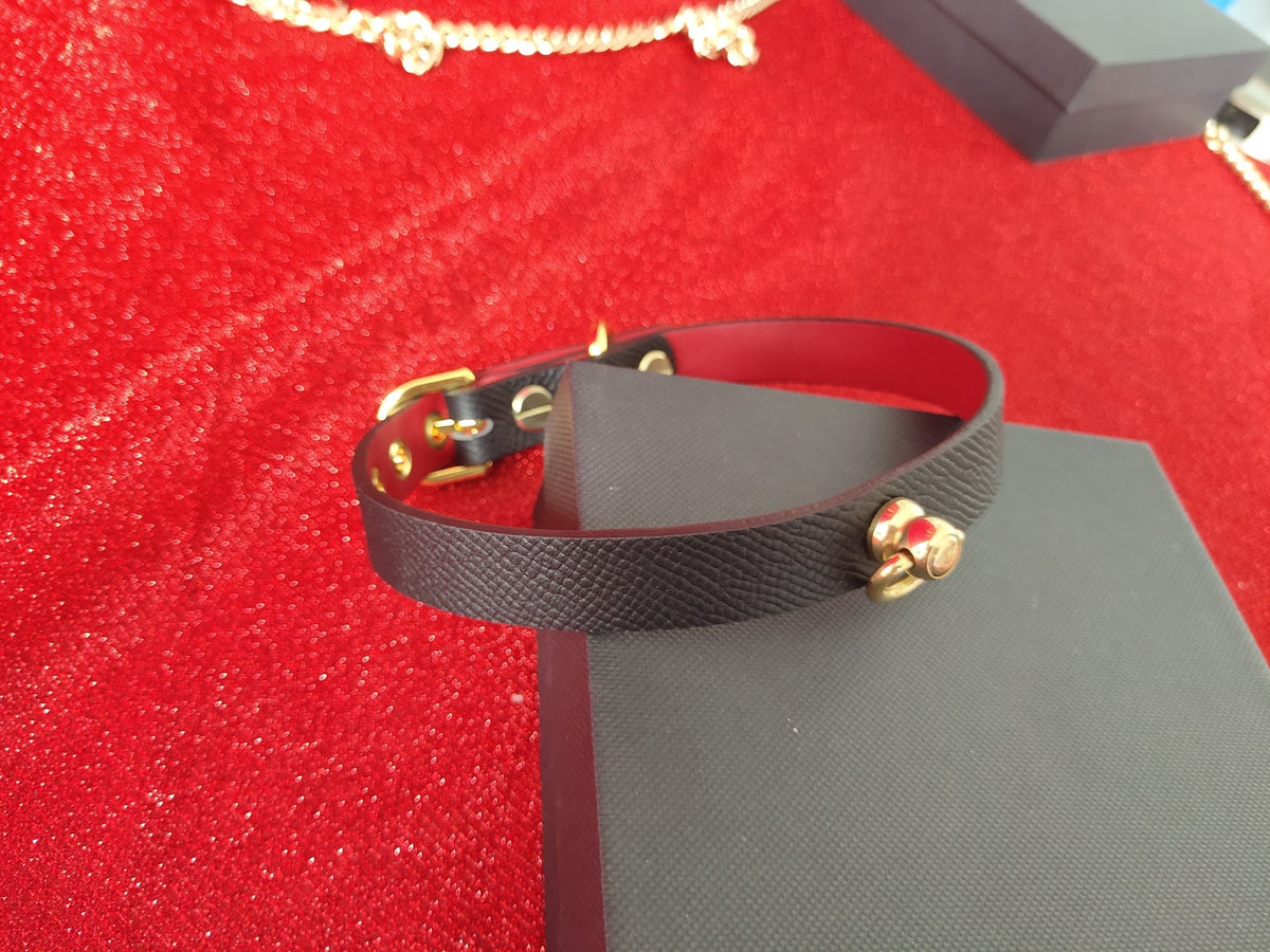 Black Cowhide Leather Collar with Red Lining