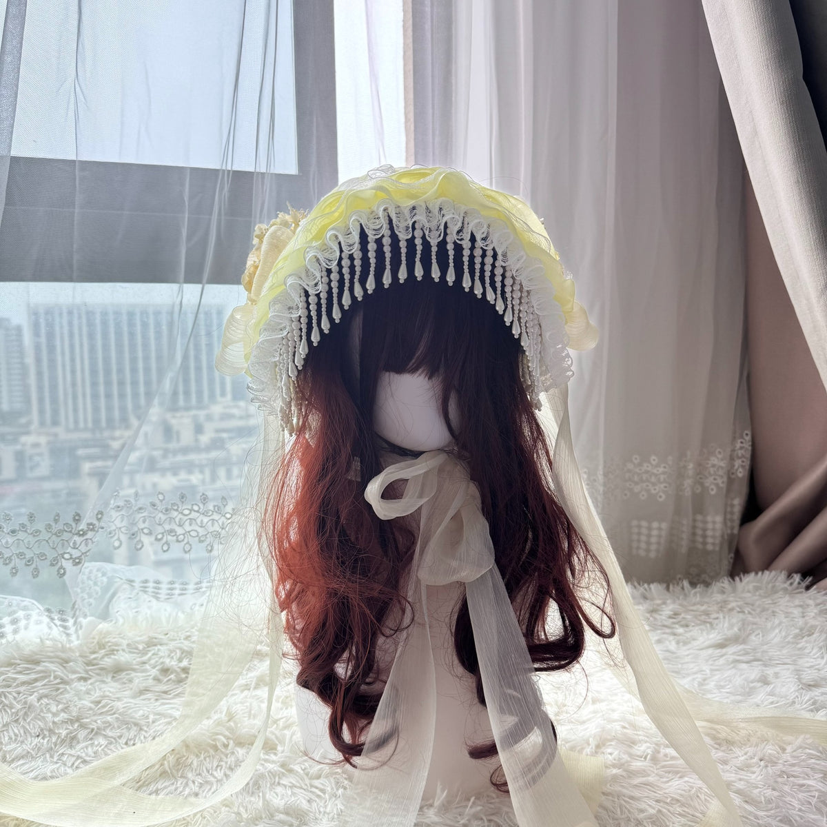 Handmade Straw Bonnet with Pearl Fringe