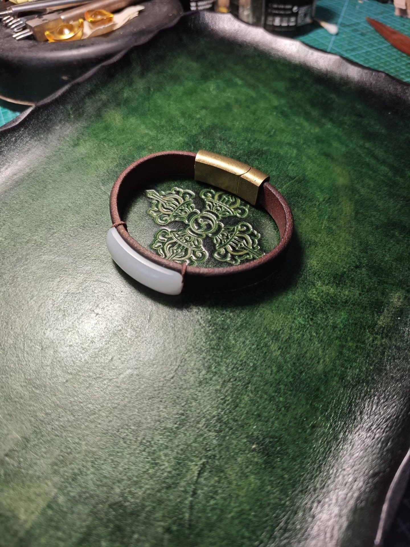 Emerald Green Leather Tray with Embossed Vajra Design