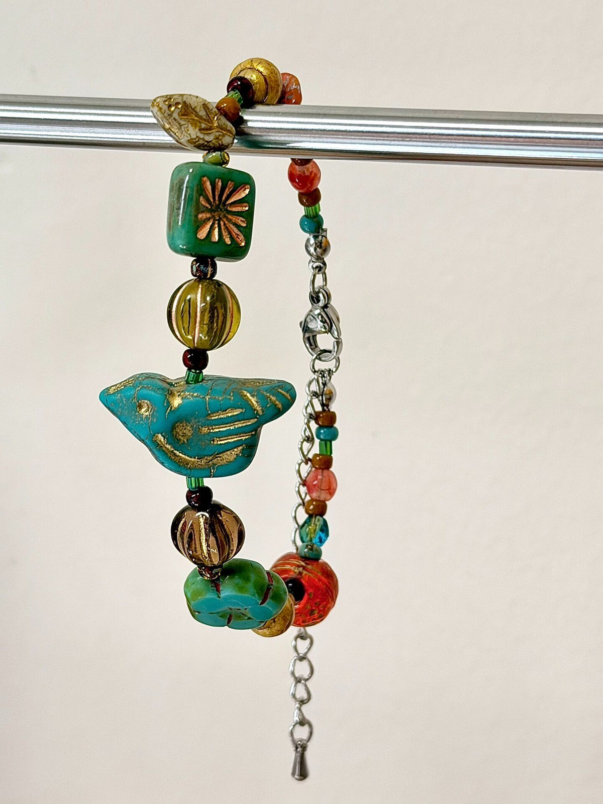 Bird Floral Czech Glass Bead Bracelet