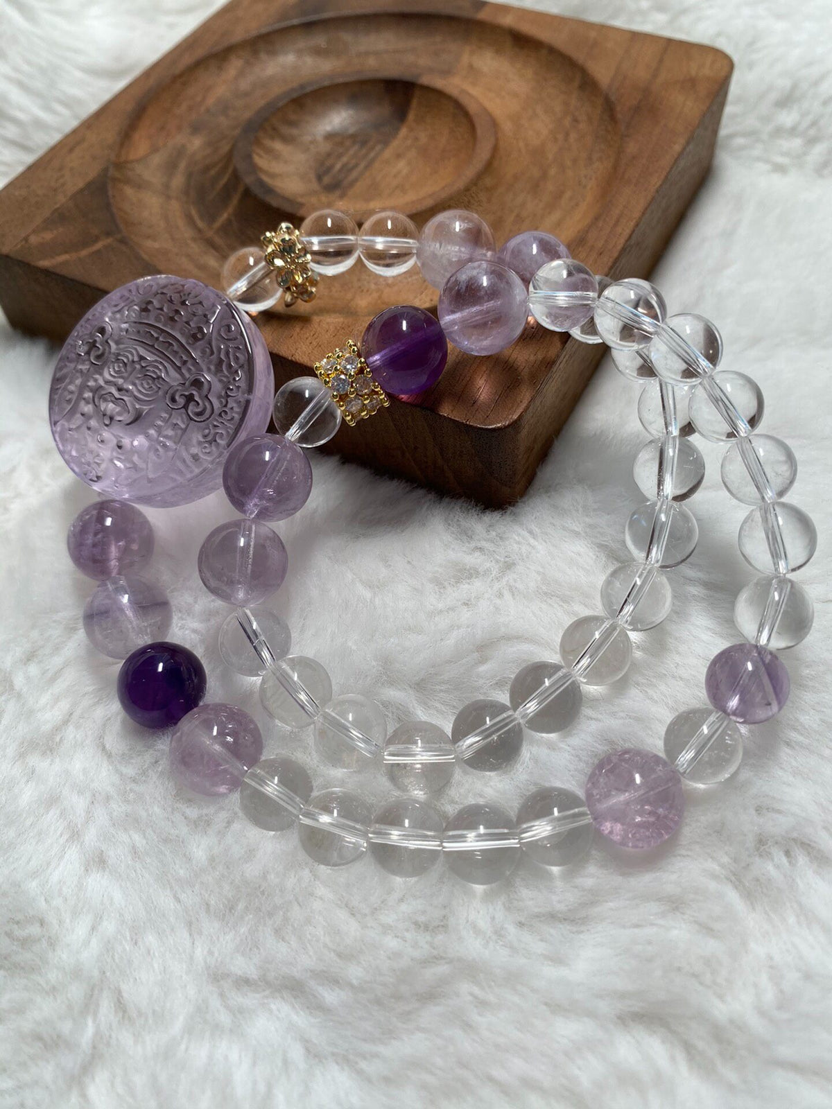 Amethyst Double Loop Bracelet with Carved Medallion