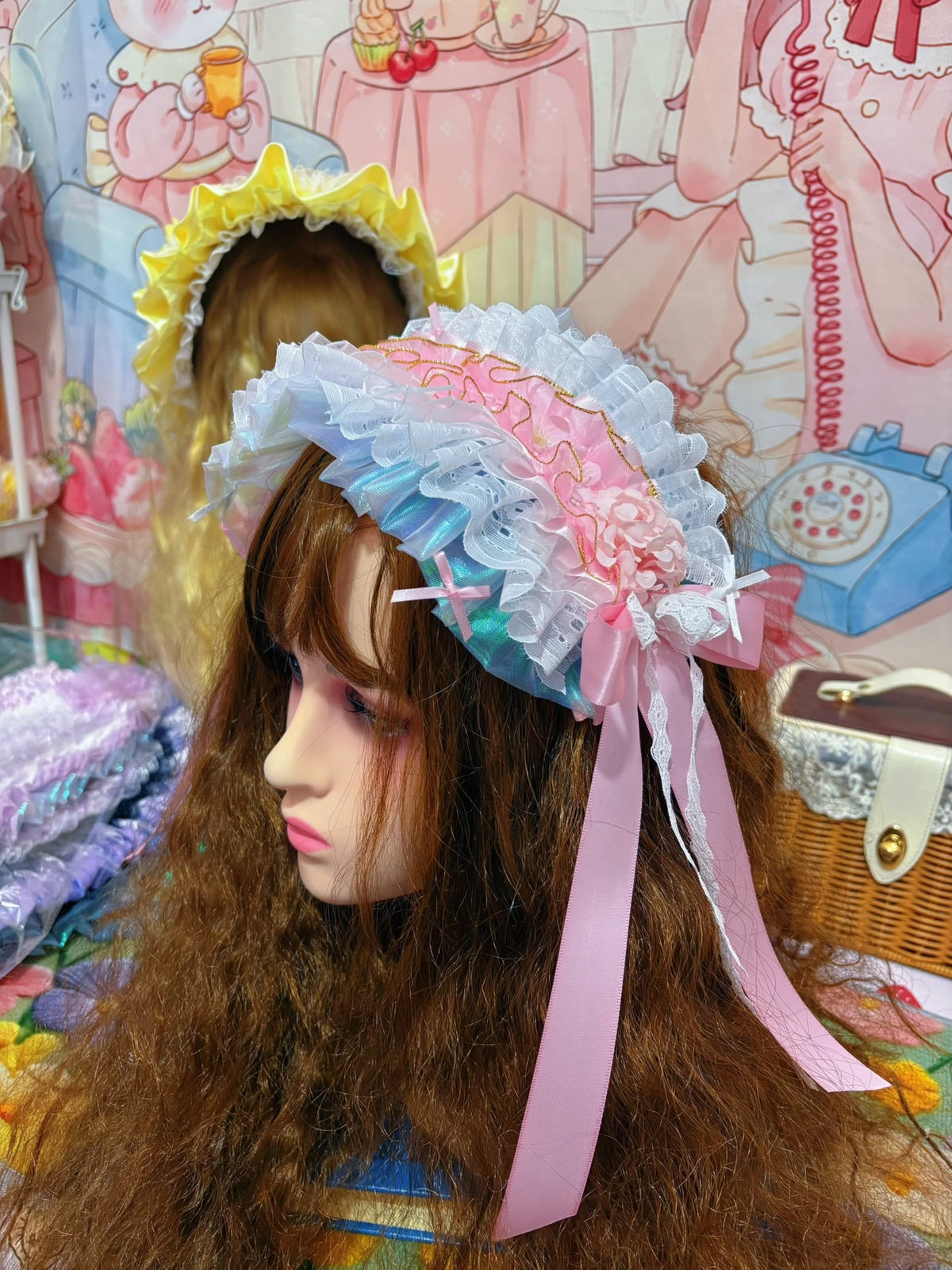 Handgakte Lolita Dome Hoed Roze Blauw Kant