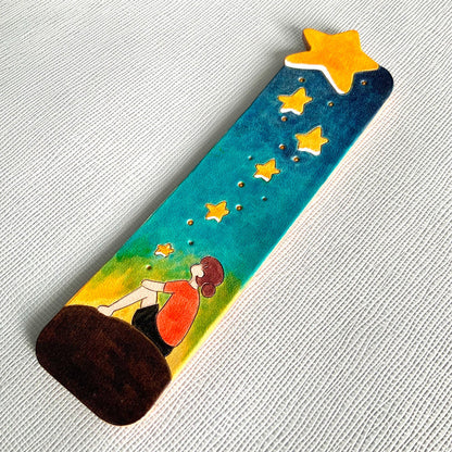 Hand-Painted Leather Bookmark with Star Cutouts