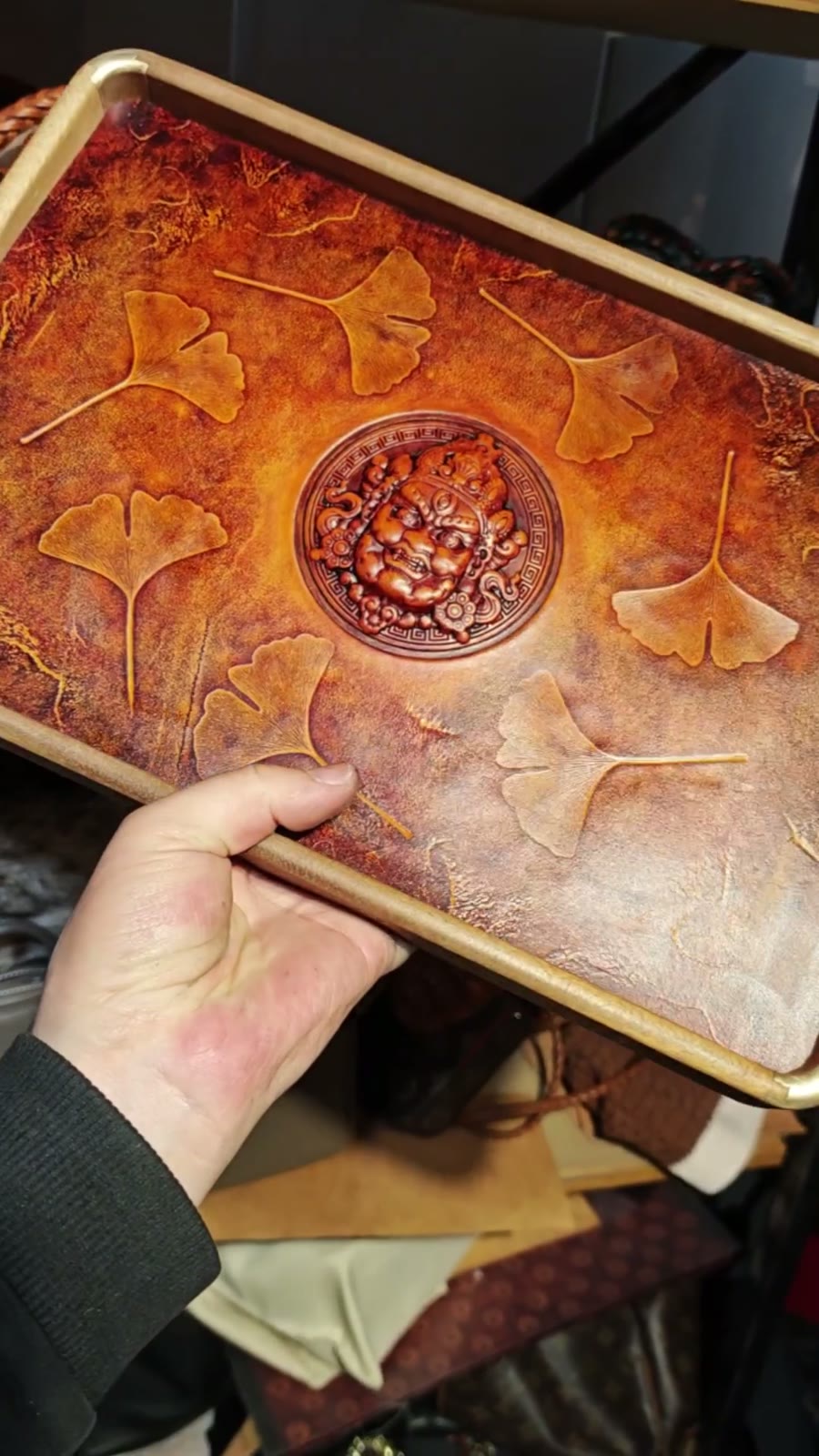 Cowhide Decorative Tray with Wealth God Relief