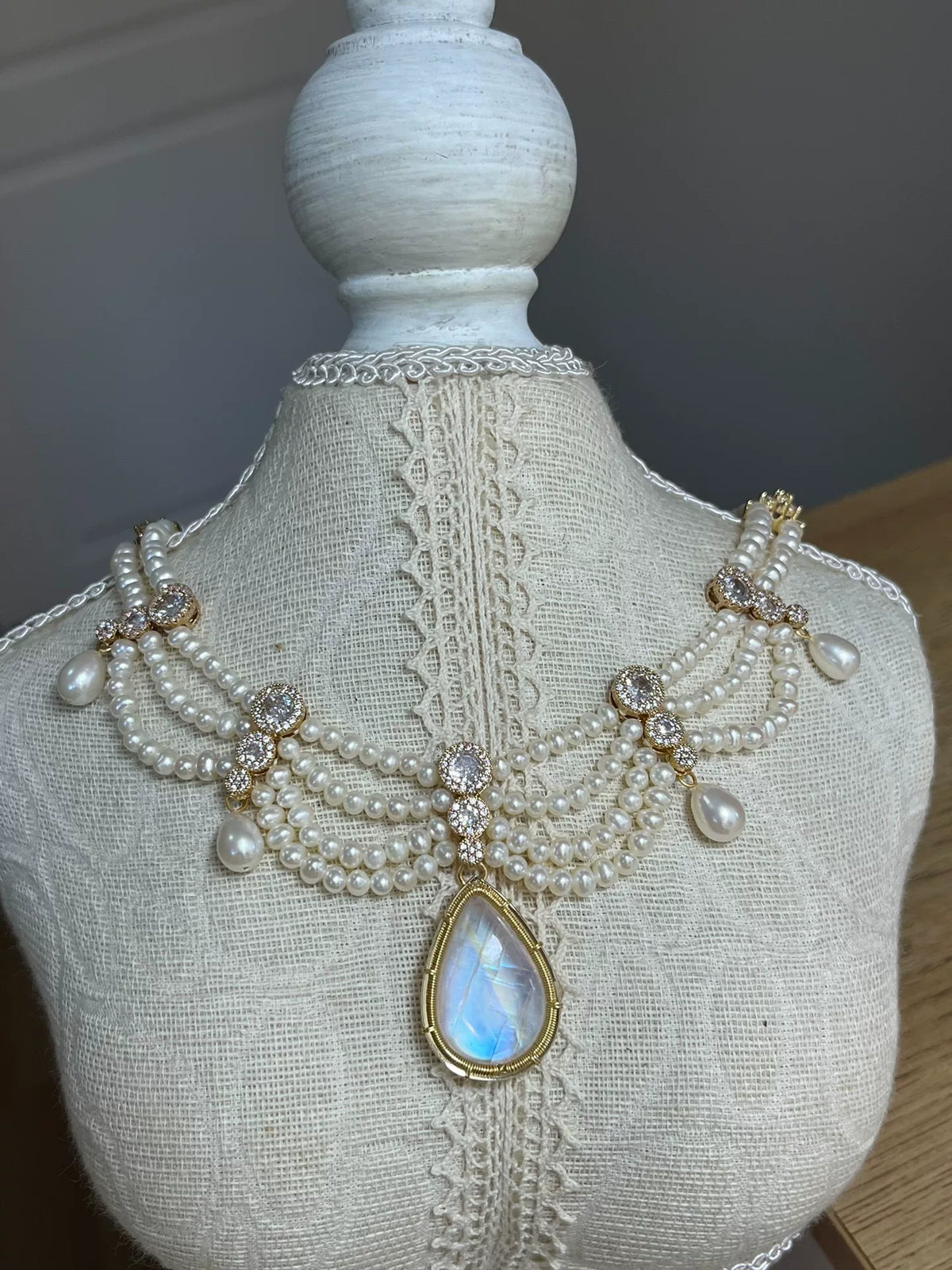 Multi Layer Natural Pearl Moonstone Necklace