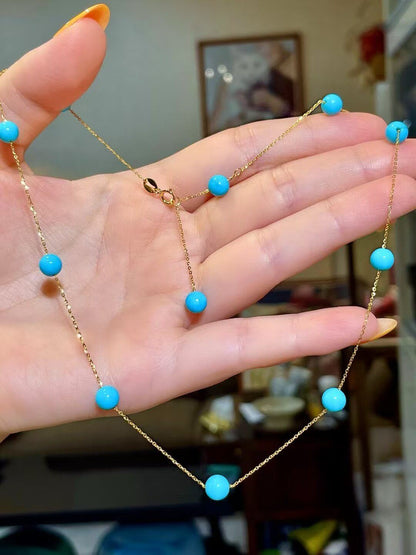 18k Gold Sleeping Beauty Turquoise Starry Sky Necklace, 6mm Beads