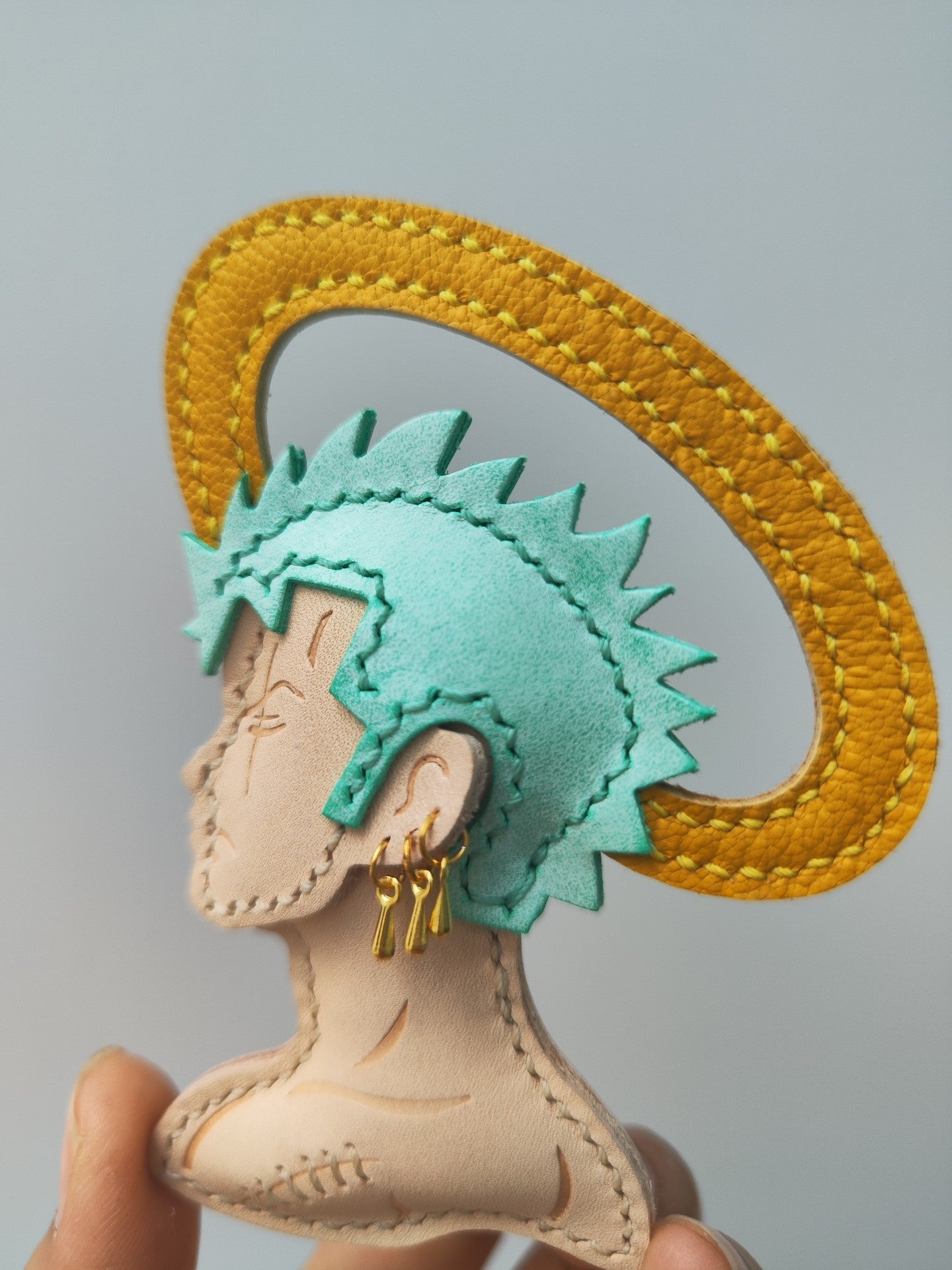 Handmade Leather Profile Charm with Teal Hair and Yellow Strap