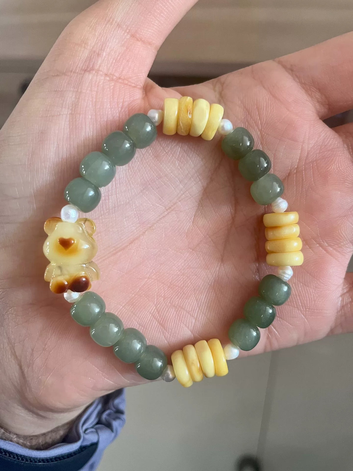 Pulsera de Ámbar de Cera de Abeja Natural, Oso y Jade Hetian