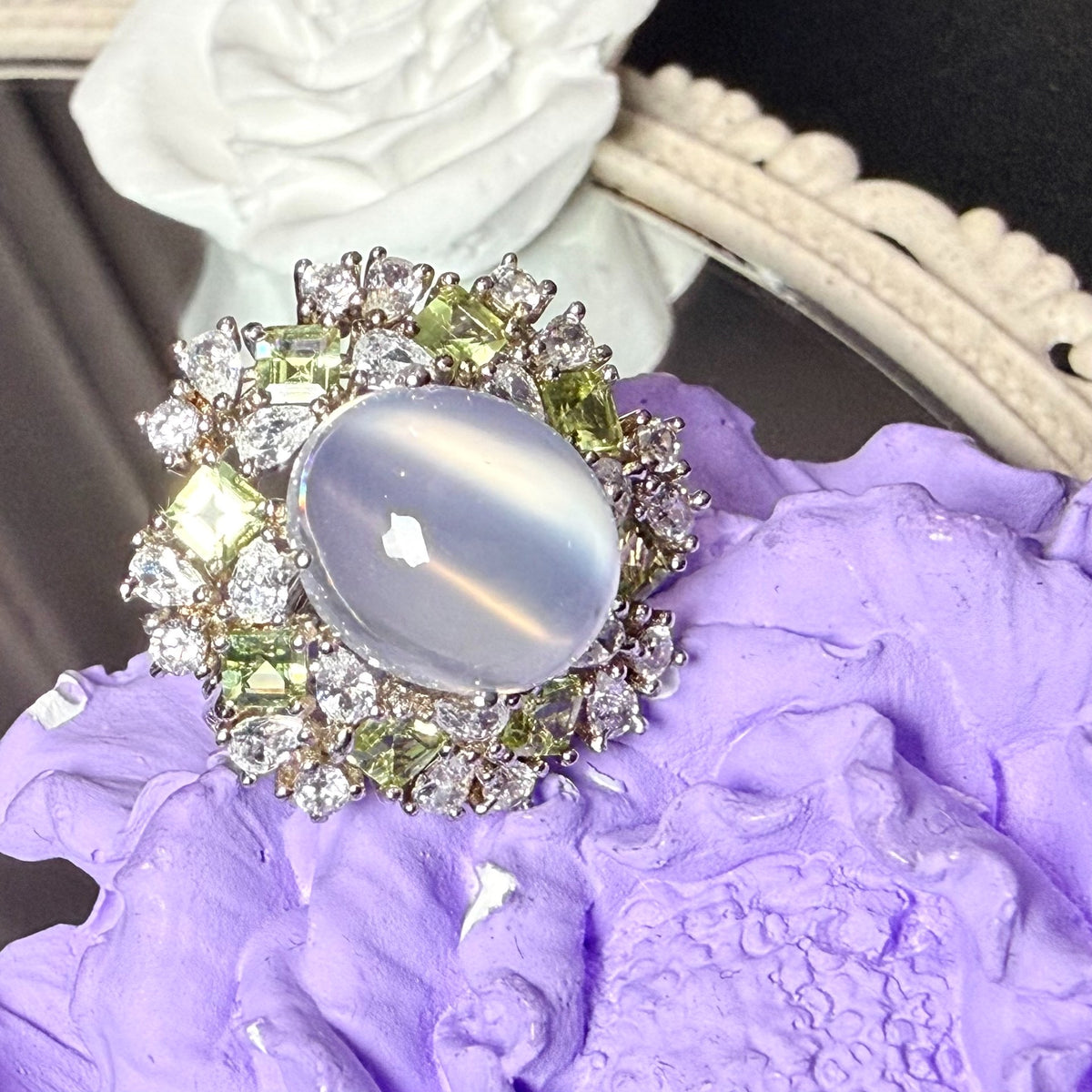 Moonstone Peridot Adjustable Sterling Silver Ring