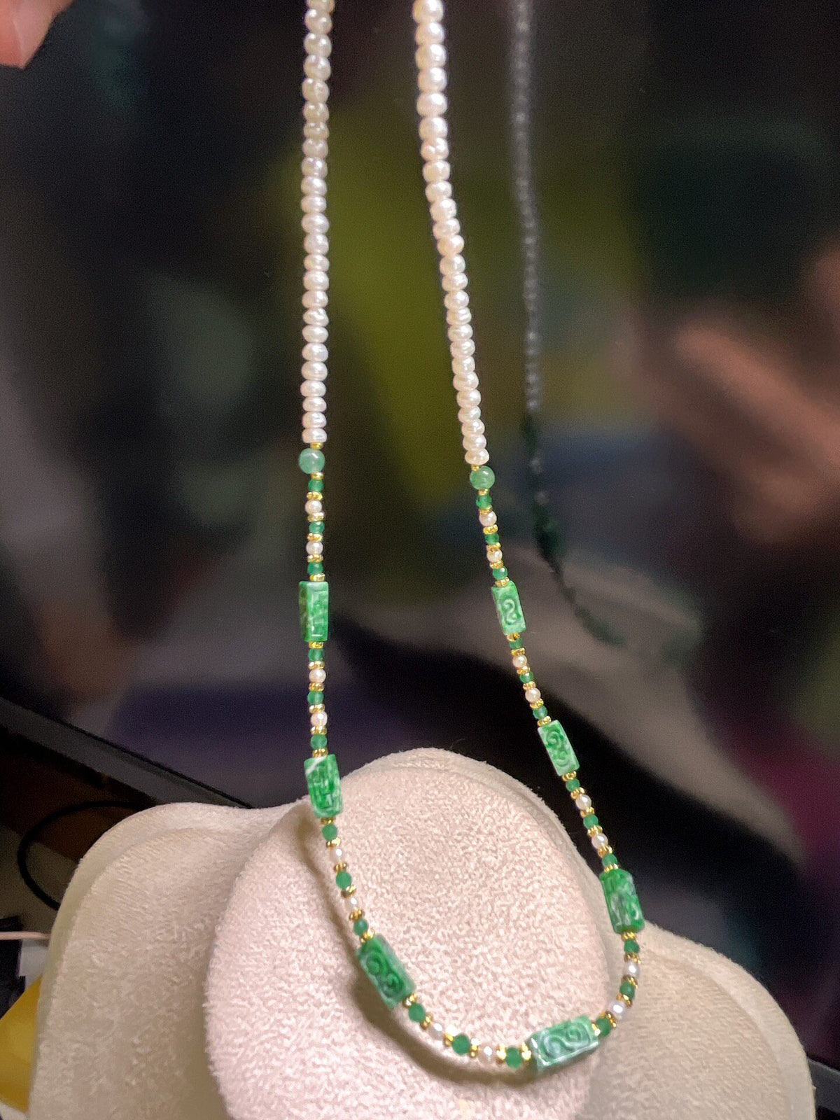 Jadeite Pearl Necklace Carved Beads