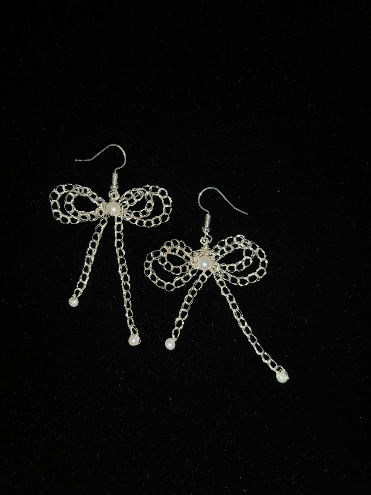 Crocheted Silver Bow Pearl Earrings