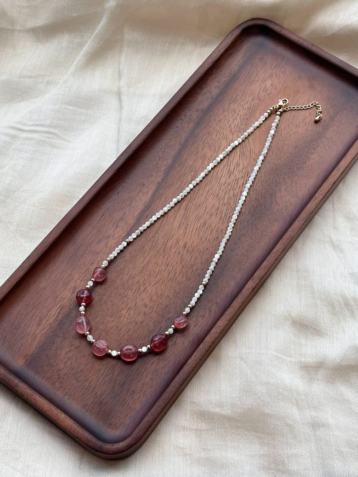 Strawberry Crystal Necklace with Butterfly Shell Beads