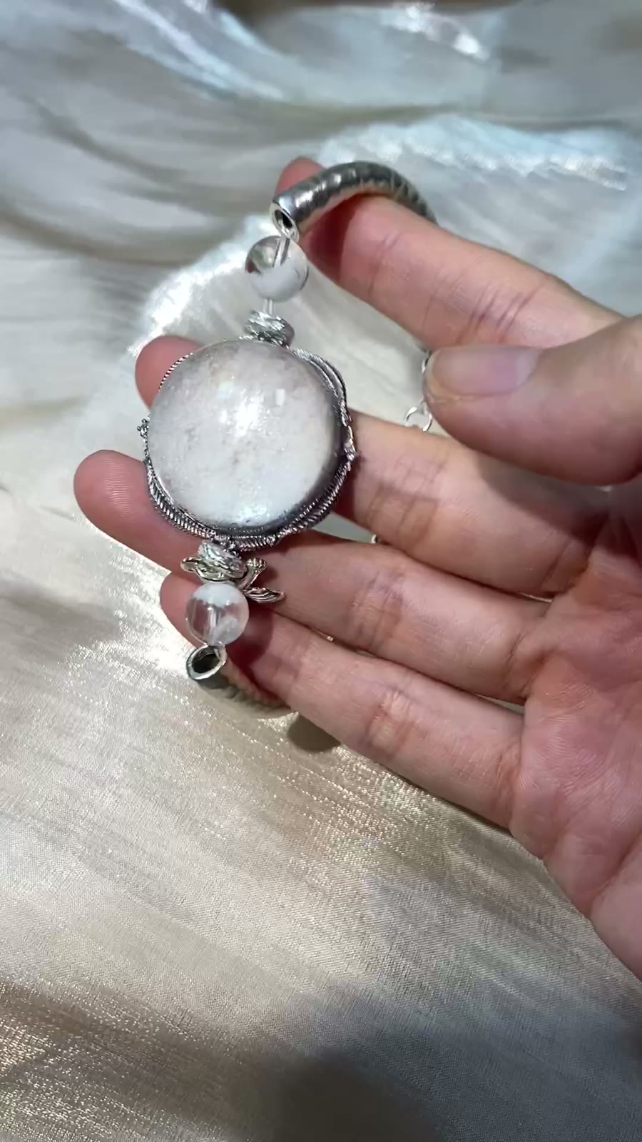 White Mica Cabochon Bracelet Sterling Silver