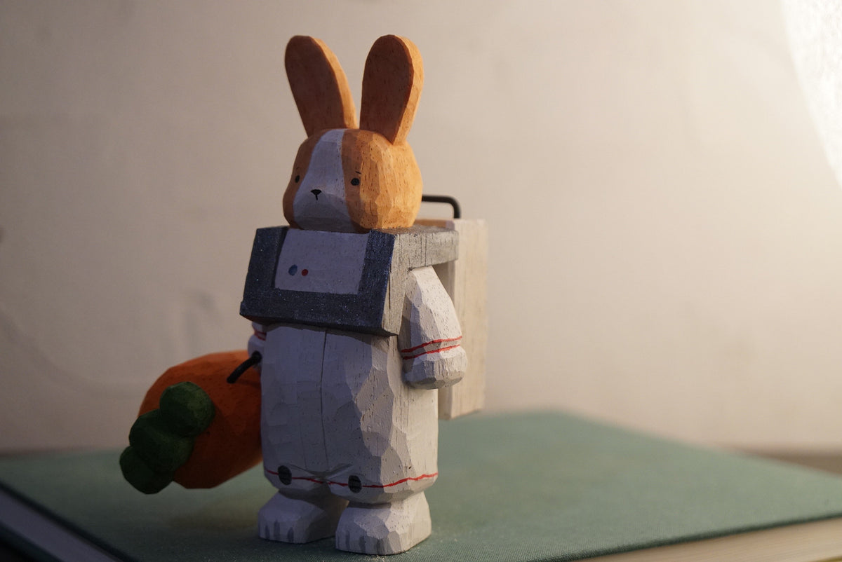 Hand Carved Wooden Astronaut Rabbit Sculpture
