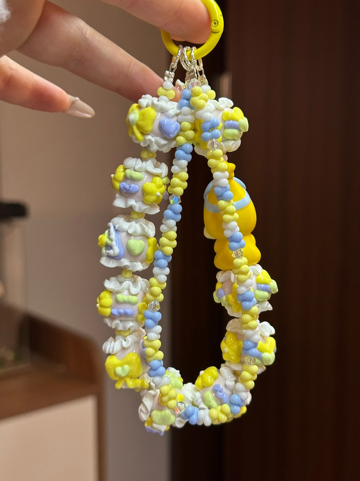 Hand Painted Bead Keychain Yellow Blue