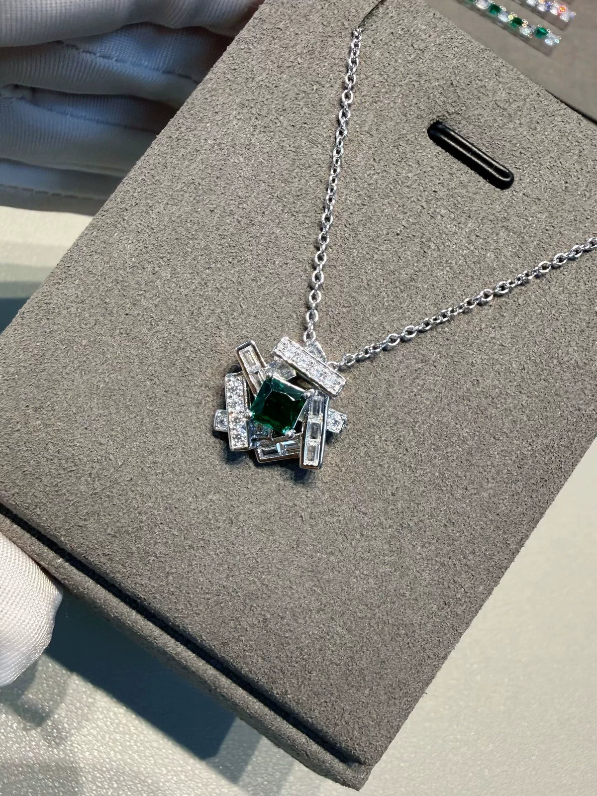 Geometric Green Stone Necklace Rhodium Plated