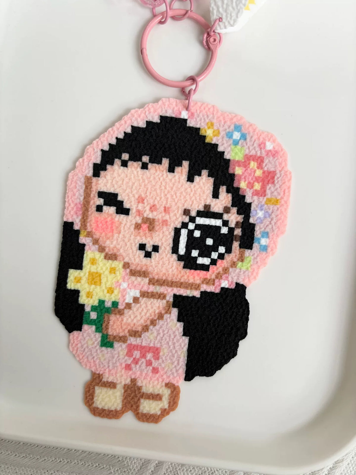 Pixel Art Bead Charm with Pink Strap