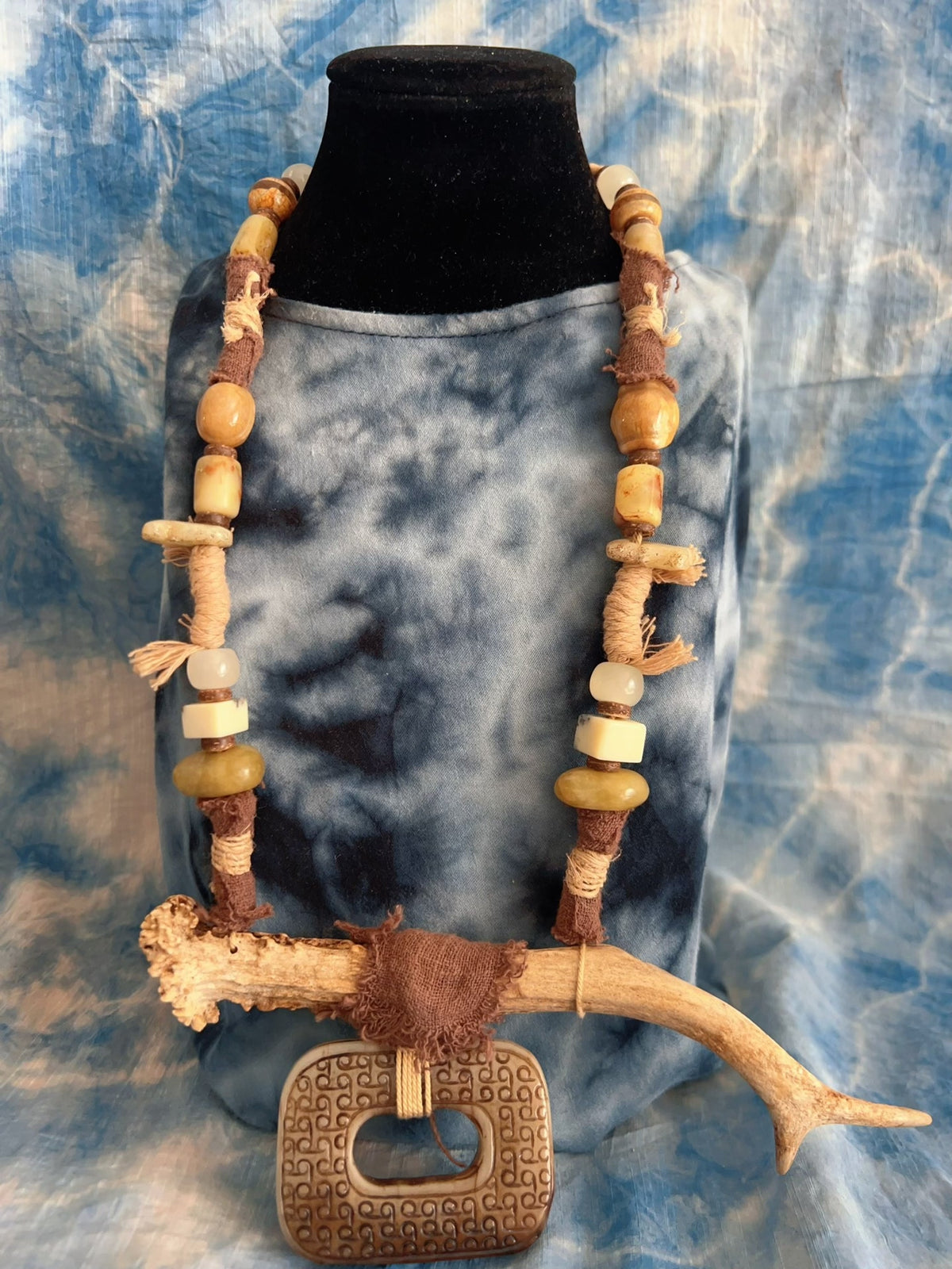 Handwoven Antler Necklace with Carved Stone Pendant