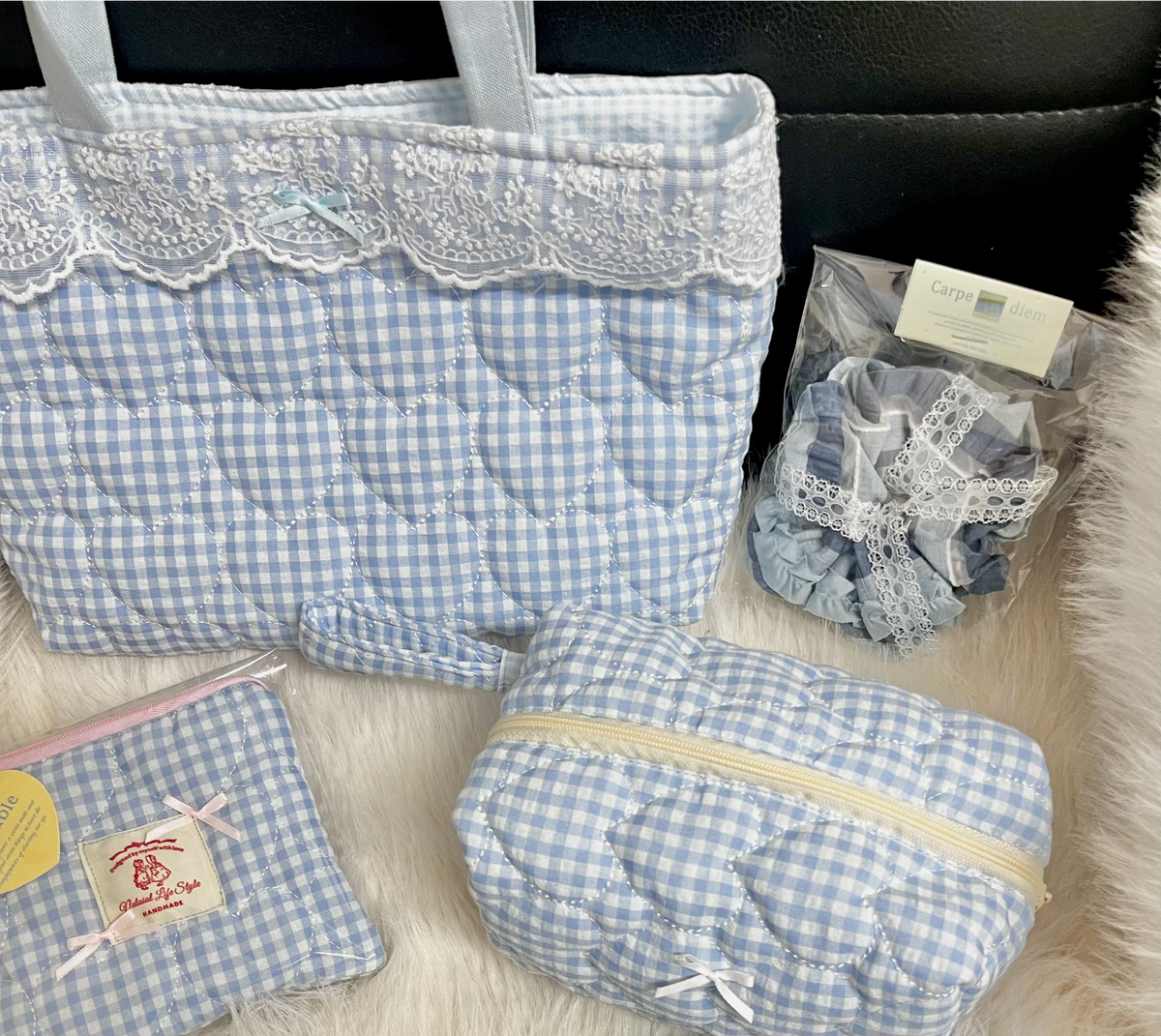 Blue Gingham Quilted Handmade Bag Set