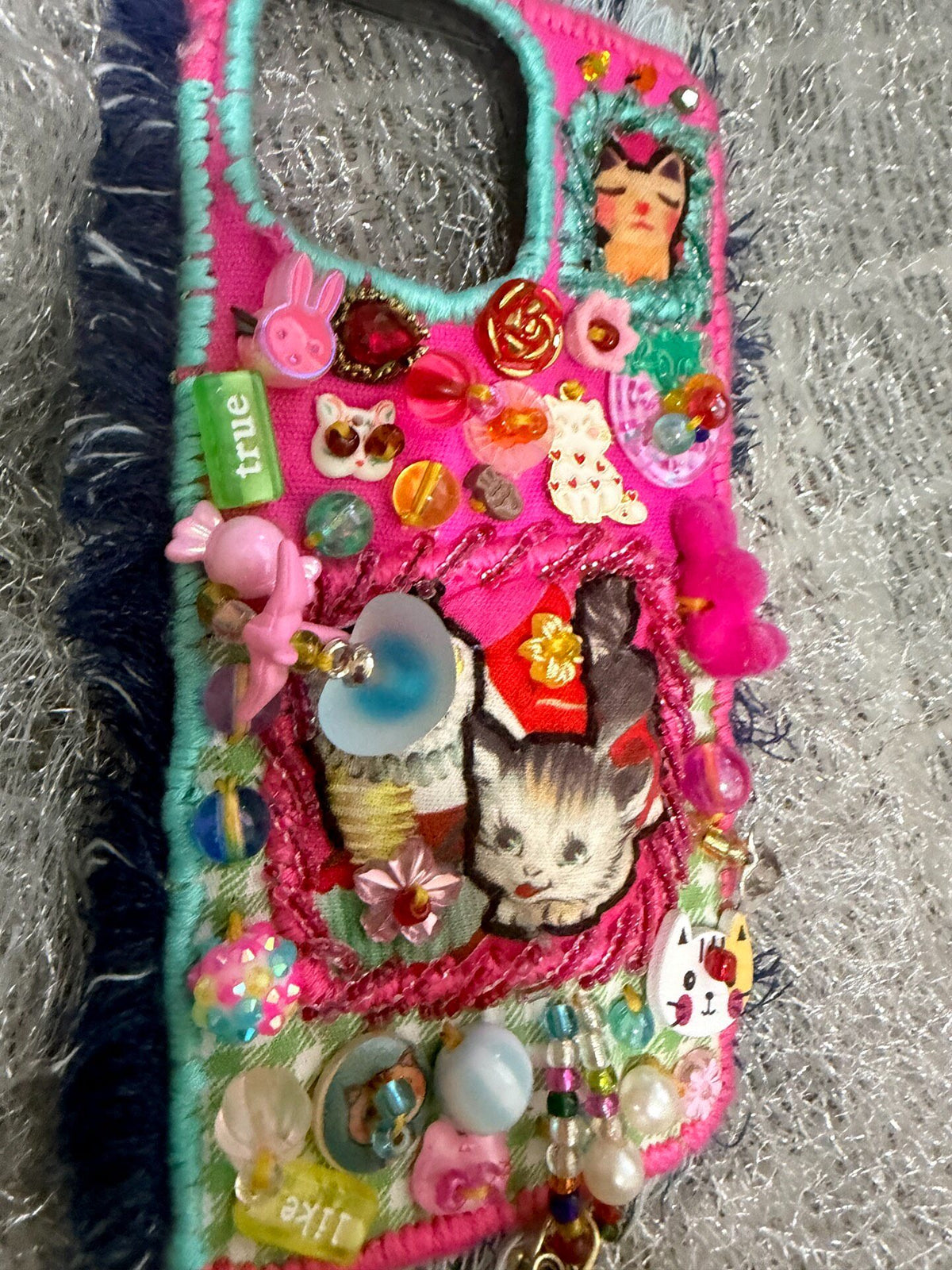 Pink Cat Fabric Phone Case Beaded