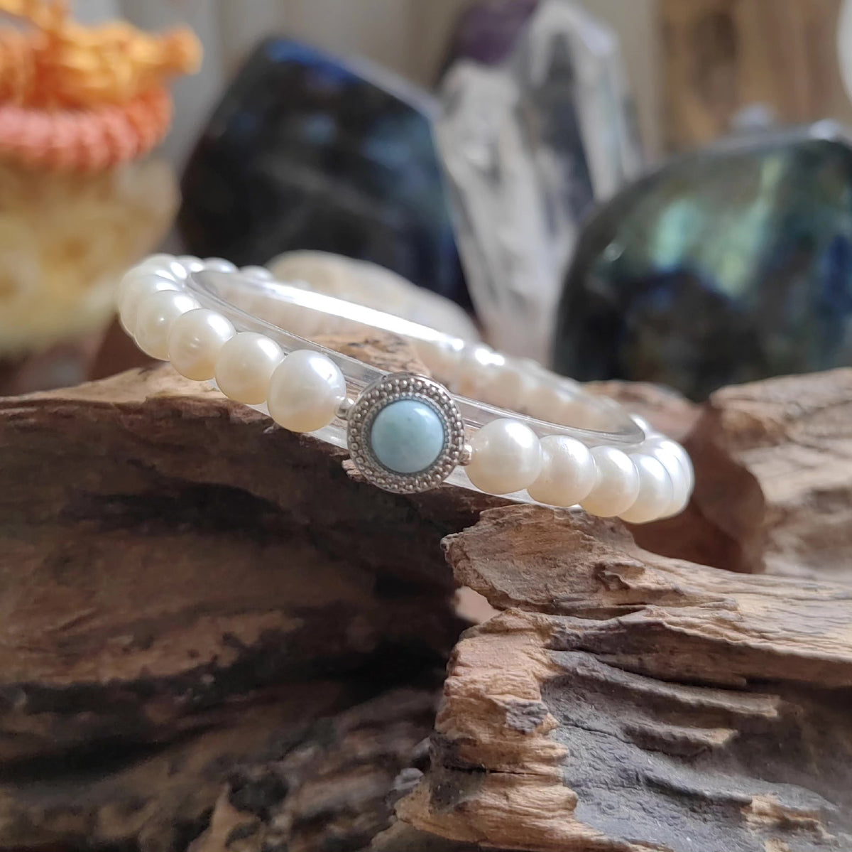 Bracciale in Larimar con perle d'acqua dolce da 7mm