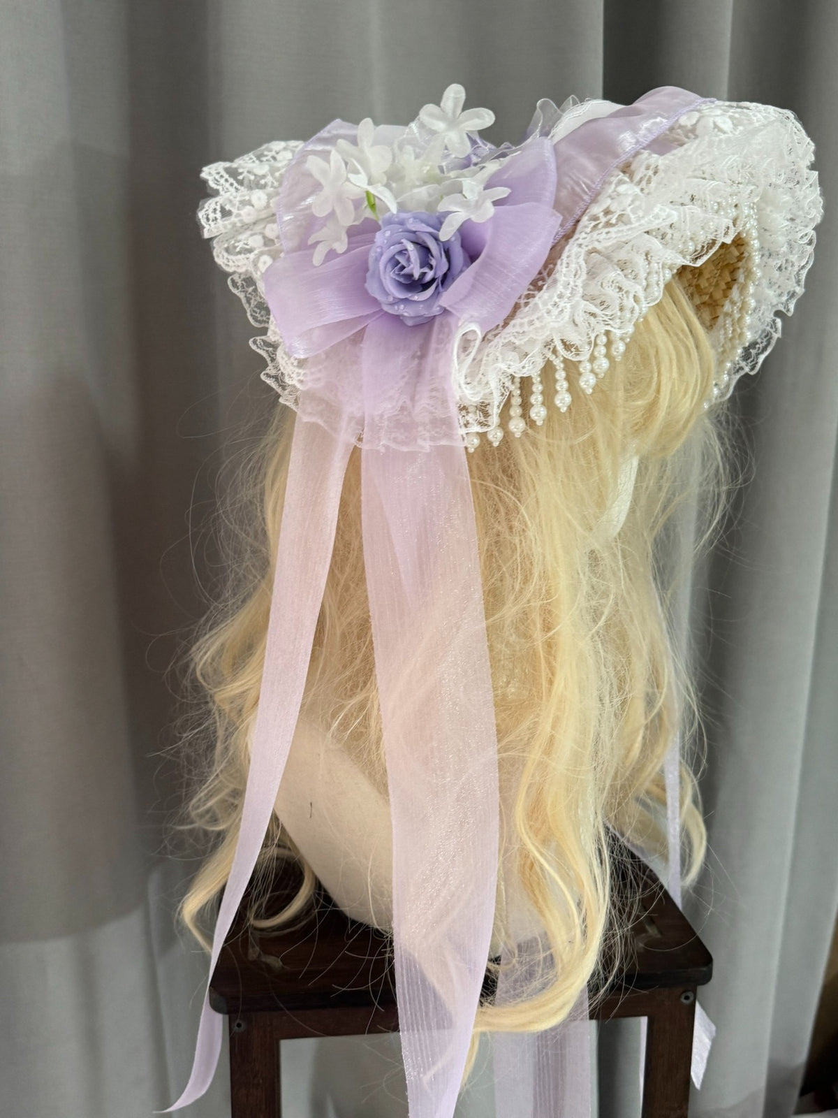 Handcrafted Lolita Straw Bonnet Hat Lavender Lace