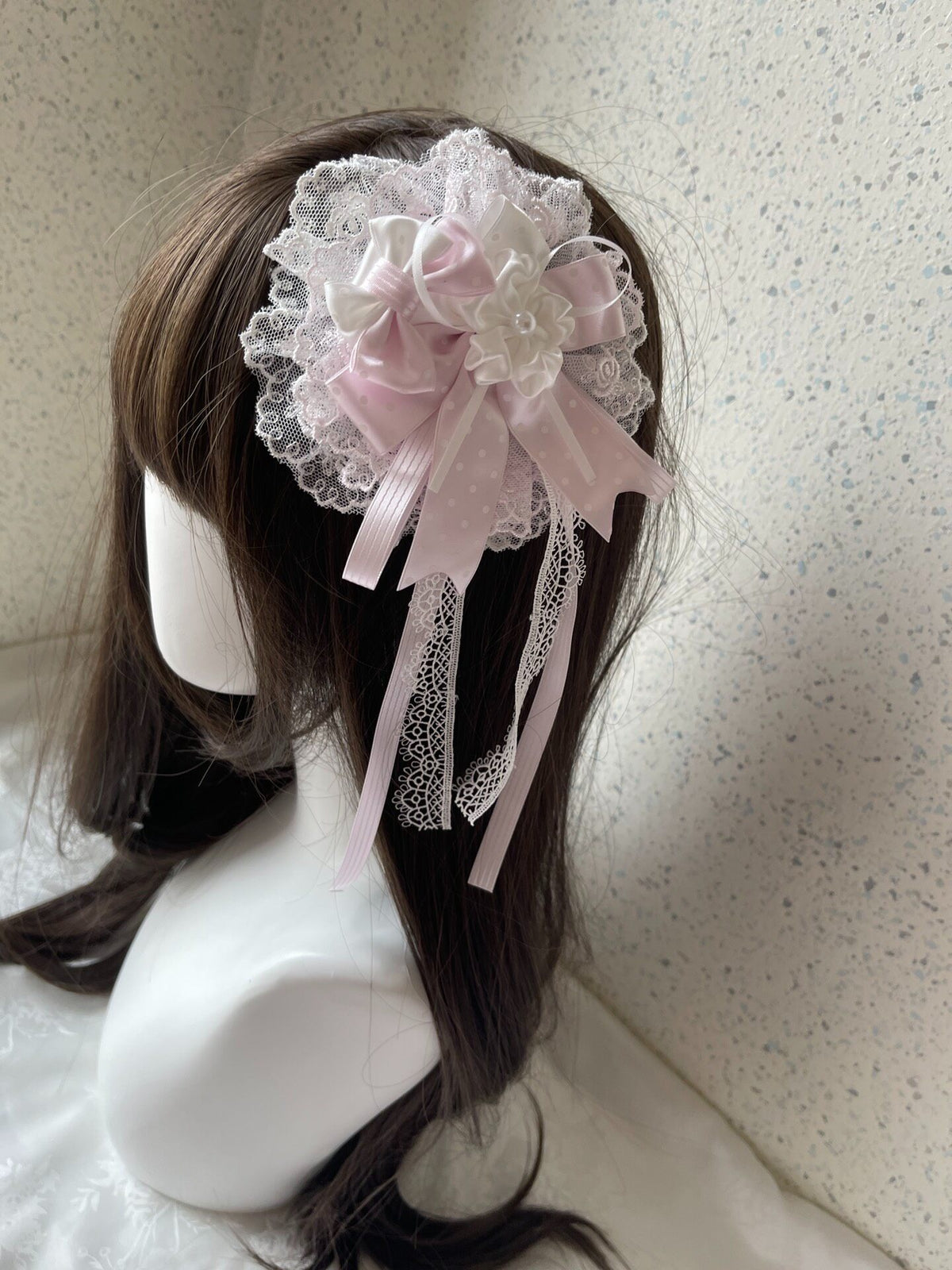 Lolita Pink White Lace Bow Side Clip