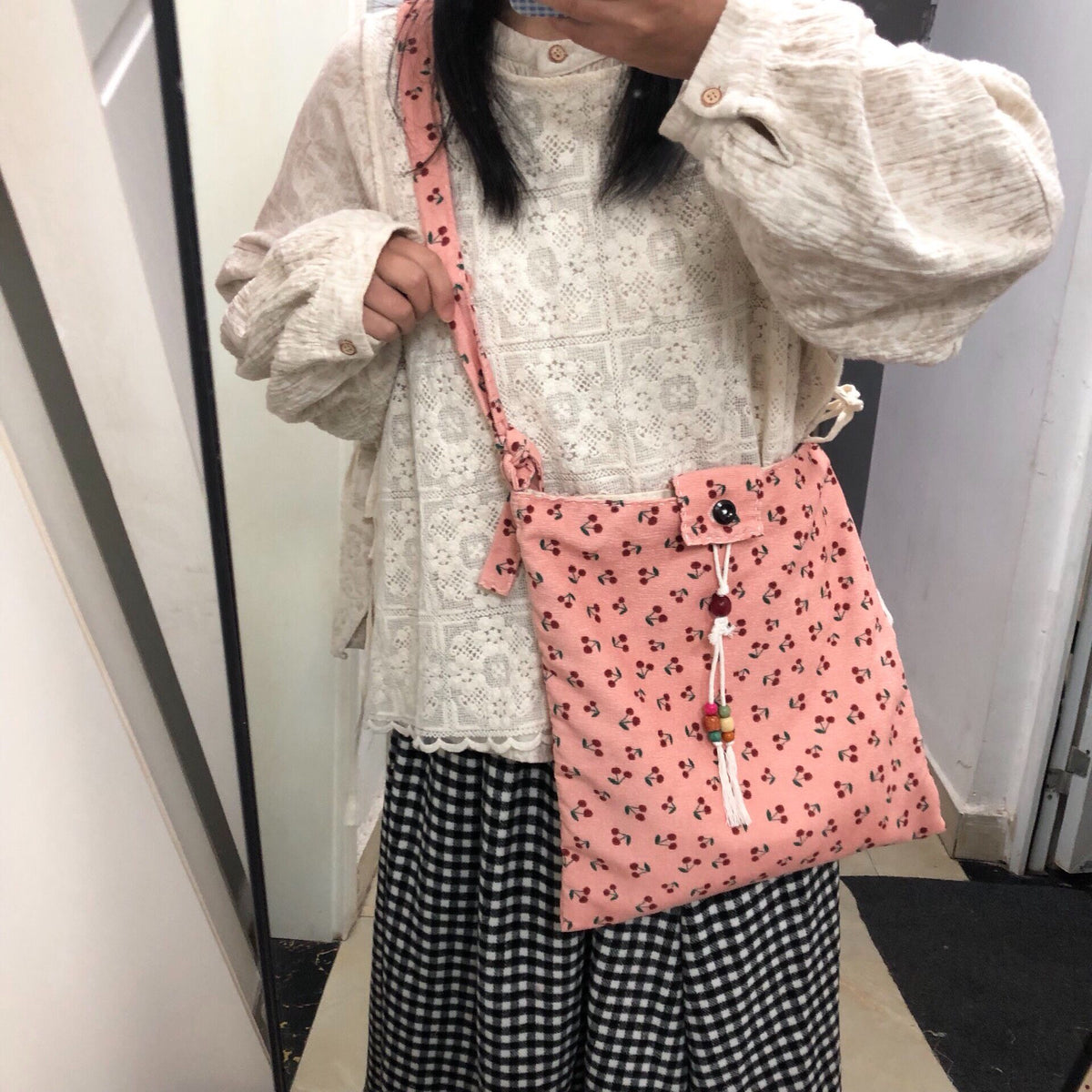 Handmade Corduroy Floral Crossbody Bag Pink