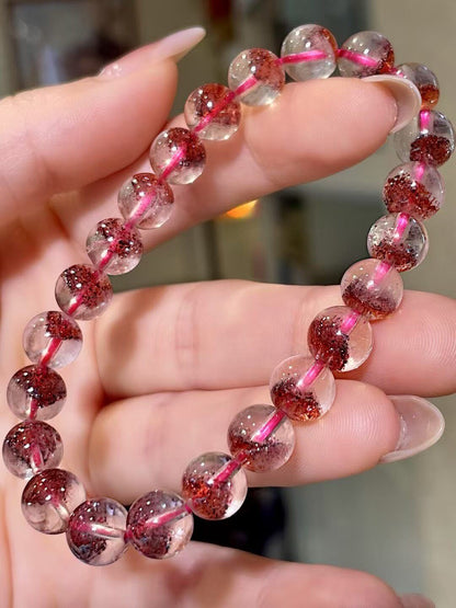 Pyramid Golden Strawberry Crystal Bracelet, 8mm Beads, Clear Crystal with Red Inclusions
